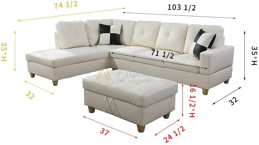LifeStyle Furniture Left Facing 3PC Sectional Sofa Set Faux PU Leathe with Storage mats and 2 Pillows Smooth and Soft Couch ​Sets: Furniture & Decor