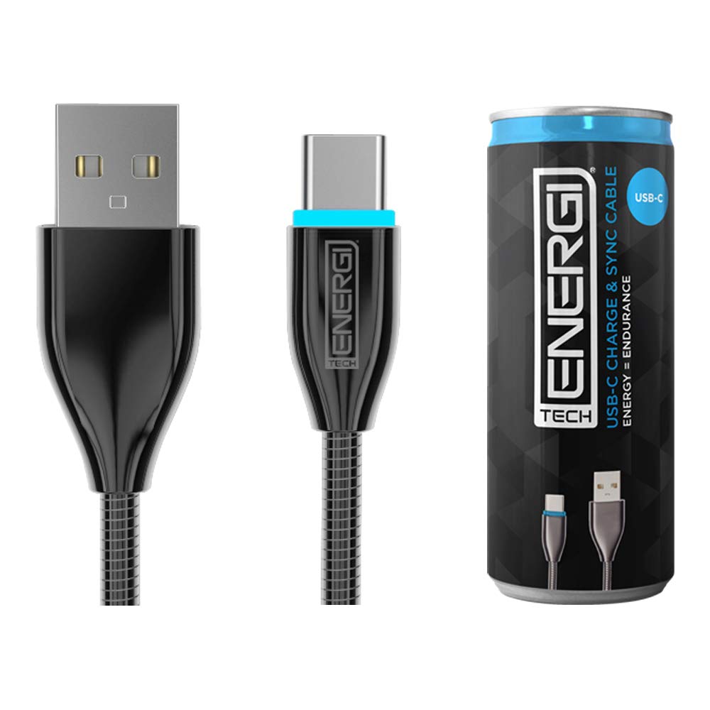 Tech Energi 1.2M/3.9ft USB-C Type-C Cable/Lead Charge Sync Durable Anti-Tangle High Speed Data 4K Transfer Black with Blue LED indicator for PS5 Controller/Samsung/iPad (Metal Can)