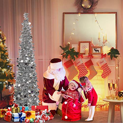 HOHOTIME Sapin Noel Décoration, Tinsel de Noël de Sapin Pliable de 1,5 m, Arbre de Noël Sapin de Noël Décoration Scintillantes Maison Intérieur Extérieur