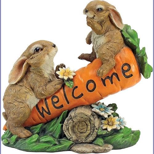 DESIGN TOSCANO HF317387 BUNNY BUNCH RABBITS OUTDOOR GARDEN STATUE WELCOME SIGN, 10 INCH, FULL COLOR