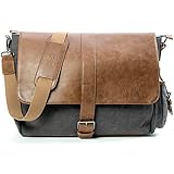 Vetelli Laptop / Computer / Messenger / Tablet Bag with scratch protection lining for laptops or Macbooks up to 15.6". Leather + Charcoal Grey Canvas - Large size bag: 18" x 12" x 5"