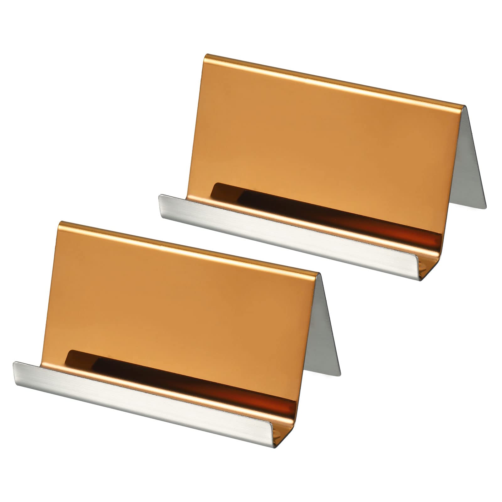 PATIKIL Business Card Holder, 2 Pack Reflective 304 Stainless Steel Desktop Name Cards Display Stand for Office Desk, Rose Gold