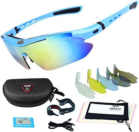 Cycling Sunglasses,Polarized Sports Glasses with 5 Replacement Lenses UV for Cycling Baseball (Fluorescence blue)