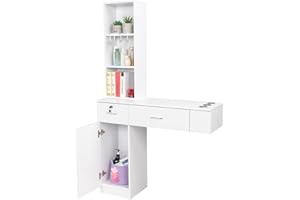 OmySalon Wall Mount Barber Stations, Salon Stations for Hair Stylist, Hair Styling Equipement Set with a Storage Cabinet, 2 Drawers and a 3 Tier Shelf (White)