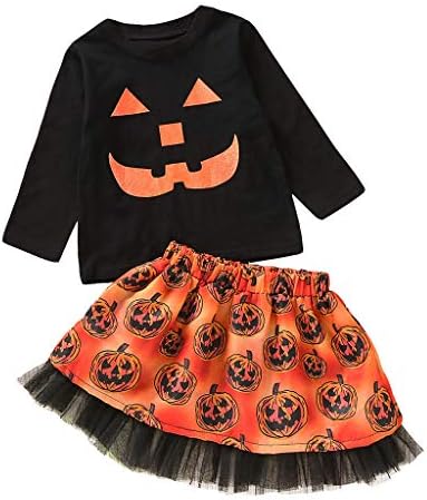 FBGood Baby Girls Clothes – Long Sleeve Halloween Cartoon T-Shirt Pumpkin Print + Mesh Printed Skirt Pumpkin, Black, 120