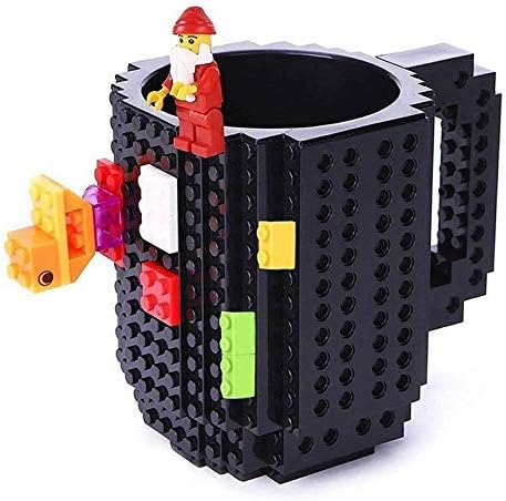 Build-On Brick Mug Coffee Cup DIY Type Plastic Creative Building Blocks Coffee Tea Beverage Drinking Funny Gift (Black)