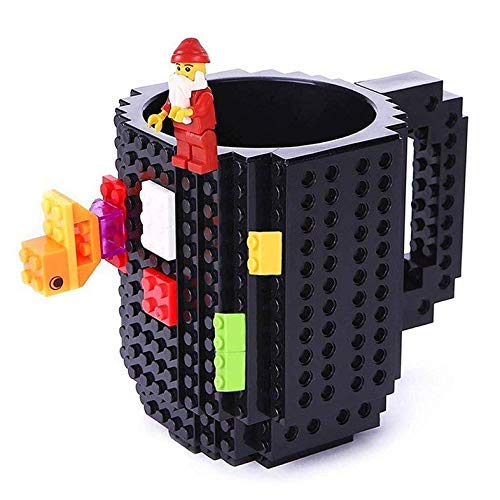 Build-On Brick Mug Coffee Cup DIY Type Plastic Creative Building Blocks Coffee Tea Beverage Drinking Funny Gift (Black)