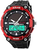 Fanmis Men's Solar Powered Casual Quartz Watch Digital & Analog Multifunctional Sports Watch Red