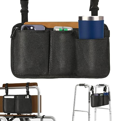 Rhino Valley Wheelchair Side Bag, Multi Pockets Wheelchair Pouch Bag with Cup Holder, Armrest Accessories for Universal Wheelchair, Rollator, Electric Scooter, Seniors, Adults, Black