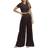 PEIARA Womens 2 Piece Lounge Sets Summer Short Sleeve Crop Top Two Piece Outfit Wide Leg Palazzo Pants Set Matching Tracksuit