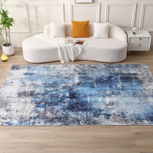 COOUS Washable Rugs for Living Room 160x230cm - Ultra Soft, Short Pile Non-Slip Non-Shedding Abstract Carpet, Stain Resistant Faux Wool for Bedroom Dining Room (Blue)