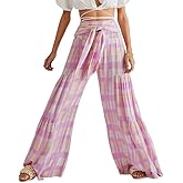 Lrady Women Wide Leg Palazzo Lounge Pants Printed Beach Summer Boho Tie-Waist Bell Bottoms Trousers