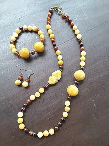UNIQUE : ELEGANT YELLOW NEPHRITE JADE &amp; AGATE NECKLACE (SET NECKLACE + BRACELET STRETCH + EARRING) deluxe gift box included