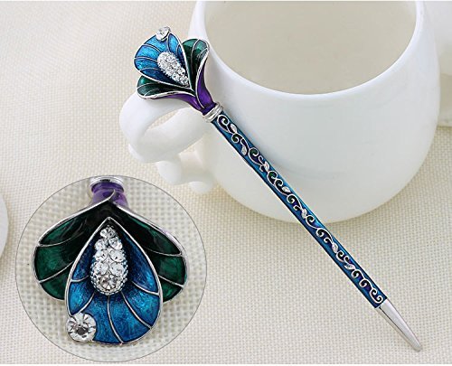 Chinese Traditional Classical Hair Pins Stick Crystal Antique Lotus Fork Hairpin hair Sticks, hair Chopsticks, wedding Hair Jewelry … (#BLUE)
