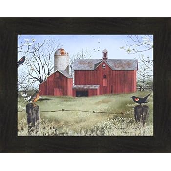 Home Cabin Décor Harbingers of Spring by Billy Jacobs 16x20 Country Barn Red Winged Black Birds Flowers Folk Art Print Framed Picture (2