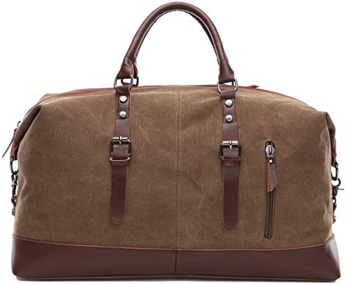 DumbOX Leather Oversized Canvas Travel Duffel Tote Shoulder Weekend Portable Handbag Luggage Gym Bag (Brown)
