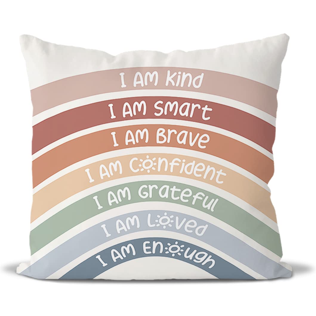 Photo 1 of QIYUHOY Kids Classroom Reading Corner Rainbow Throw Pillow Covers 18x18, Positive Affirmations Pillow Case Decor for Calming Corner Cozy Corner Nursery Toddler Room Playroom