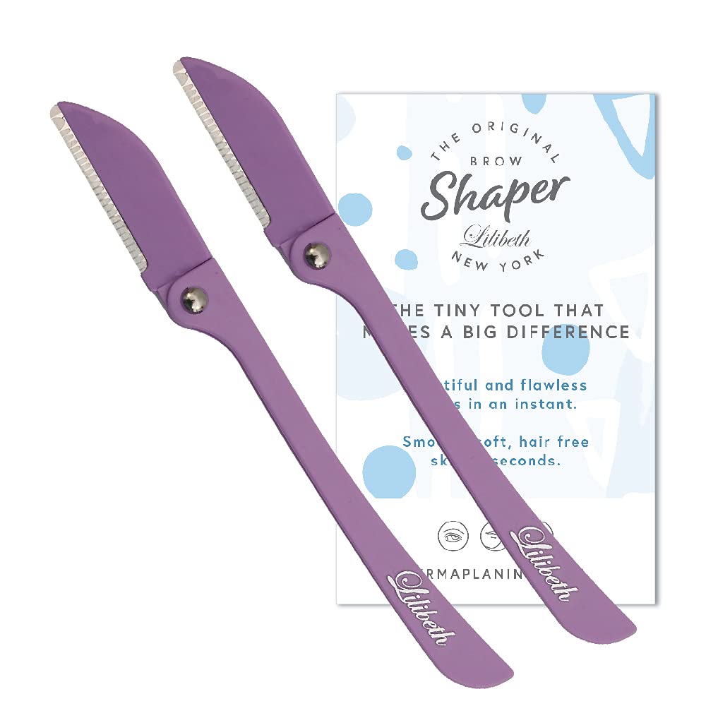 Lilibeth of New York Original Brow Shaper - Foldable Eyebrow Trimmer & Facial Hair Removal Device - Peach Fuzz Remover - Dermaplaning Tool for Women - Pack of 2 (Lavender)