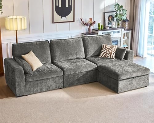 Bedeep 124.8'' Oversized Modular Sofa Comfy Cloud Couch with Storage Wide L-Shaped Sectional Sofa Set with Chaise for Living Room, Covers Washable, 4-Seater with Ottoman, Chenille, Grey