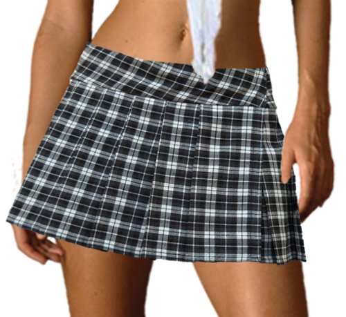 Black and White Schoolgirl Tartan Plaid Pleated Mini Skirt Henley