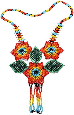 Ethnical Art Beaded Necklace Hand Crafted Strand Choker Flora Pendant - Fire Flower
