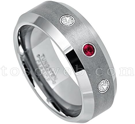 Men's 0.21ctw Ruby & Diamond 3-Stone Wedding Band, July Birthstone Ring, 8mm Brushed Center High Polish Beveled Edge Comfort Fit Tungsten Carbide Anniversary Ring