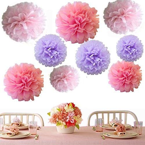 Crazy Mary 9pcs 10'' 12'' 14'' Mixed Lavender Rose Pink Premium Tissue Paper Pom-poms Flower Ball Wedding Birthday Party Outdoor Decoration