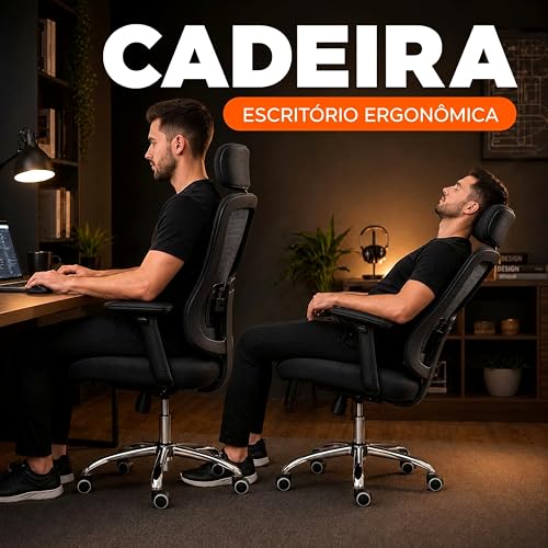 Laruno Cadeira de Escritório Ergonômica Premium NR17 Preta Giratória Reclinável 145 Graus com Suporte Lombar Encosto Mesh Respirável Cadeira Gamer Regulagem de Altura e Braços Suporta até 120kg