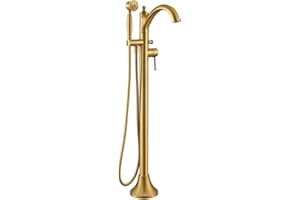 Wintap Free Standing Tub Faucet, Brushed Gold Classic Freestanding Bathtub Faucet with Vintage Hand Shower Brass High Flow Rate Floor Mount Tub Filler Swivel Spout Roman Tub Faucet Set (WT-9002BG)