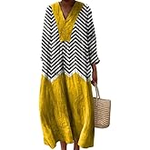 Vafect Yellow Geometric Dresses for Women Oversized Long Sleeve Cotton Linen Flowy Maxi Dress Casual Vacation Dress