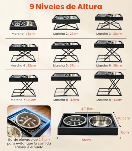 Comedero para Perro Grande de Hierro Macizo Ajustable 9 Alturas(8-44cm), Plato para Perro Plegable y Desmontable, Comedero Elevado para Perro con Platos de Acero y Plato Lento,Plato Elevado para Perro