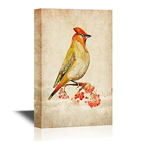 Watercolor Painting Wild Bird on a Rowan Berry Branch