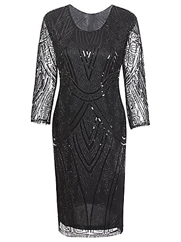 Vijiv Women 1920s Gatsby Beaded Sequin Long Sleeve Art Deco Flapper Cocktail Dresses Black X-Large