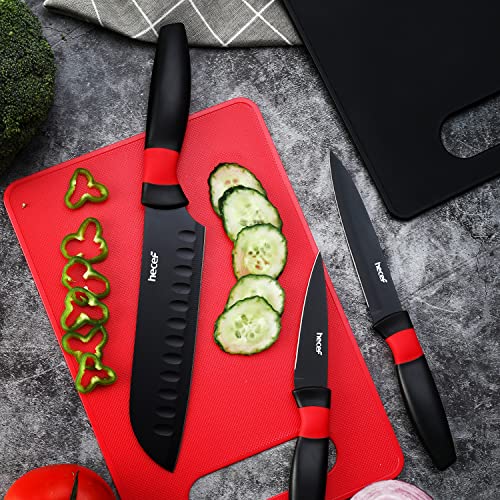 hecef 3 Pieces Kitchen Knife Set with 2 Cutting Boards & 3 Protective Sheaths, Non-Stick Black Knife Set with Sharpener Cover, Cutting Boards and Chef Knives for Kitchen, Dorm, Travel