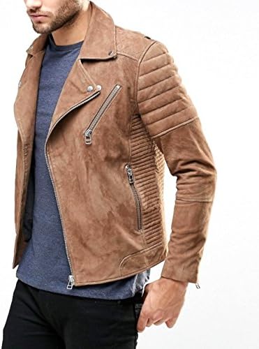 World of LeatherGenuine Lambskin Quilted Suede Leather Jacket Biker Light Brown Moto Racer