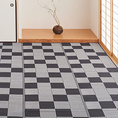 萩原 洗える い草風カーペット 矢倉 グレー 江戸間12.5畳 約435X440cm 柄上敷き 花ござ ラグ 市松柄