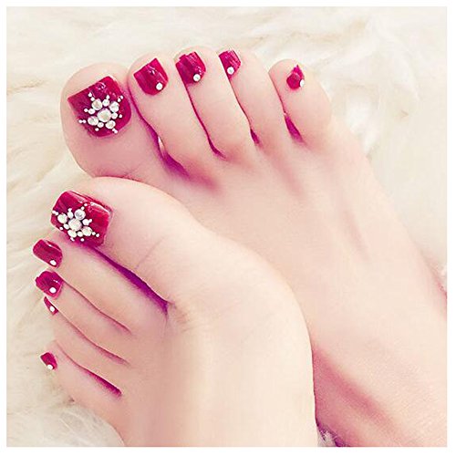 LuckySHD 24Pcs 3D Red Toenail Art with Bling Jewelry Glitter Rhinestone Decor Toe Nail Tips Pre Designed Artificial Toe Nails