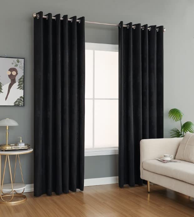 PRIME LINENS Curtain for Living Room Ring Top Jacquard Fully Lined Modern Panels Eyelet Curtain for Bedroom Window with 2 Free Tie Backs (Black, W 66" x L 90")