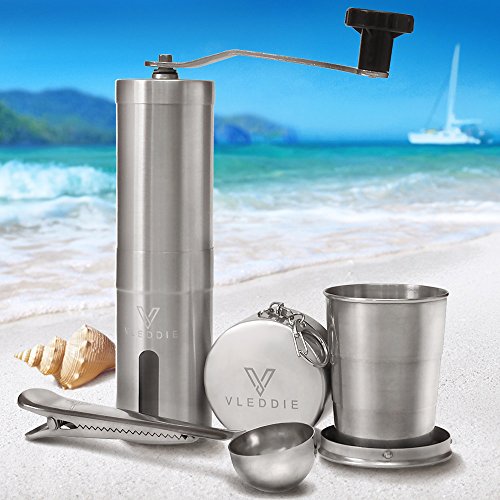 Premium Manual Coffee Grinder with Foldable Cup and Spoon - Perfect Ceramic Conical Burr for Espresso or Turkish Coffee at Home - Stainless Steel Hand Grinder for Travel, Picnic, Kitchen - Best Bean Grinder Set