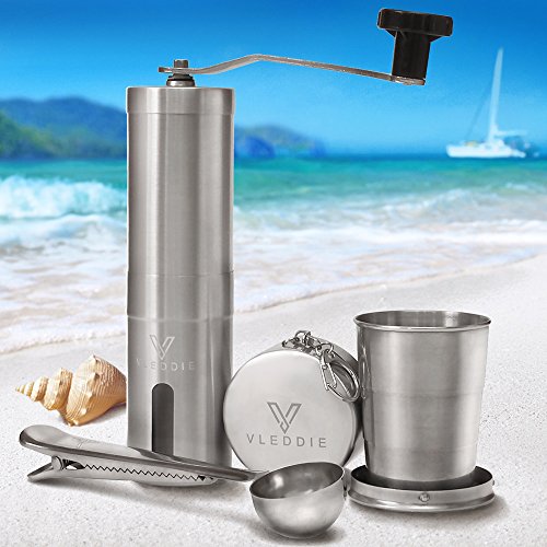 UPC 657258904842, Manual Coffee Grinder with Foldable Cup and Spoon - Best for Travel and Trip - Portable Hand Coffee Grinder for Aeropress, Espresso and French Press by Vleddie