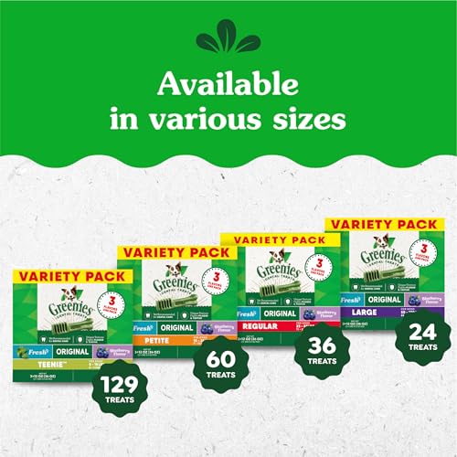 GREENIES DOG TREATS VETERINARIAN-RECOMMENDED NATURAL DENTAL TREATS FOR DOGS, TEENIE SIZE, VARIETY PACK FLAVOR, (3) 12 OZ. PACKS, 130 COUNT