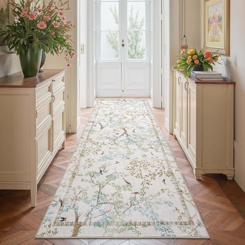 Photo 1 of jinchan Ivory Botanical Birds 3x8 Runner Rug for Hallway Washable Non Slip Soft Nature Plants Modern Kitchen Runner Carpet Vintage Ultra Thin Low Pile Rug for Entryway Living Room Kitchen Laundry