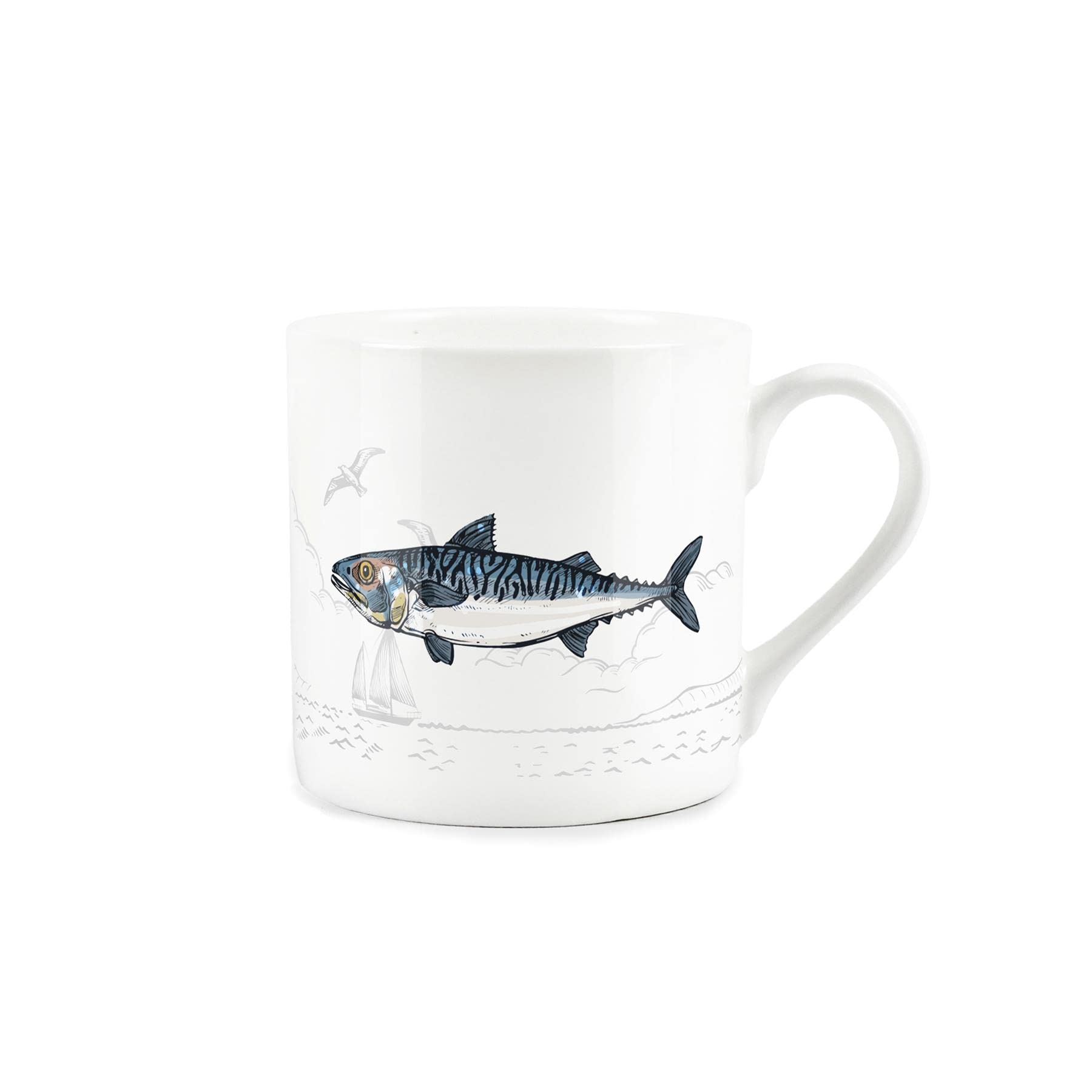 Purely Home Coastal Animals Mackerel Seaside Themed Mug - Fine Bone China White Coffee/Tea Present Gift