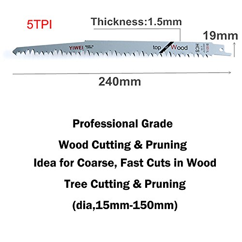 5 Piece Wood Pruning Saw Blades Reciprocating Saw Demolition Sawzall Blades (9-3/5''/240mm 5TPI) HCS Super Speed Carbon Steel Top Material For Cutting Softer Materials Wood Laminated Chipboard Plastic
