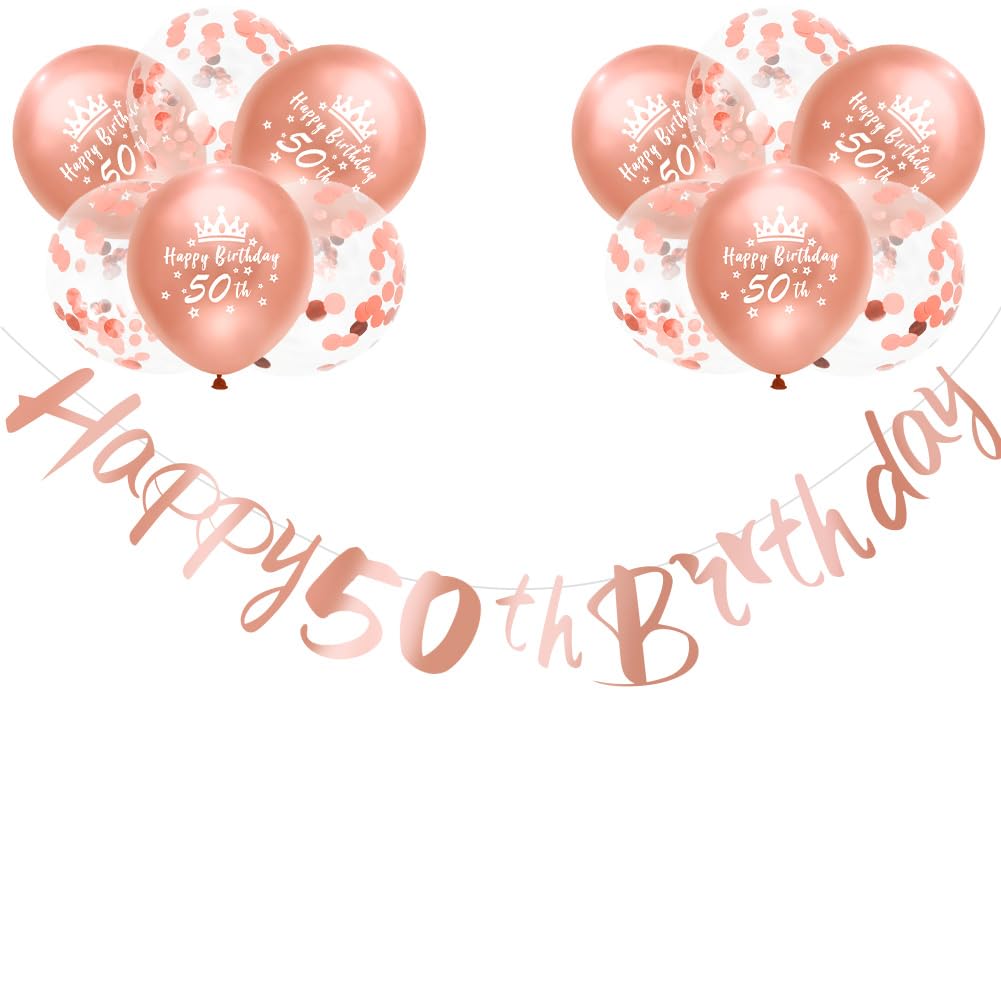 Happy 50th Birthday Banners Rose Gold Women 50th Birthday Banner Bunting Personalized Including 12 Pack 12” Latex Printed Balloons Women 50 Decorations Supplies