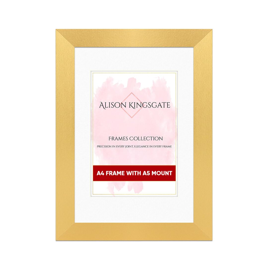 Alison Kingsgate A4 Gold Picture Frame with A5 Mount - Engineered Wood Photo Frame with Precision Cut Cardboard Mount - Ideal for Posters -Sizes & Colours Available