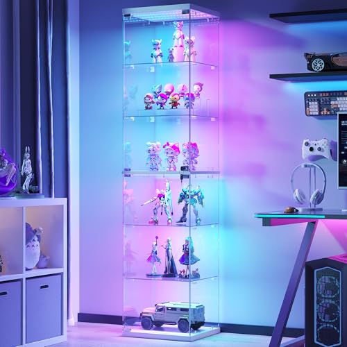 Dystler Glass Display Case RGB Lights 6-Tier Curio Cabinet for Collectibles | Press-open 360° Tempered Glass Doors, 12 RGB Modes & Motion Sensor Auto-Light, Key Lock — Smart Figures Corner Display Case
