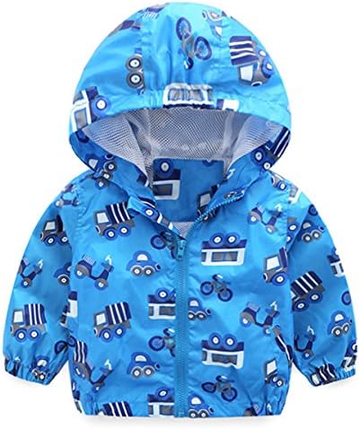 Famuka Little Boys Girls Carton Car Pattern Jacket Waterproof Hooded Windbreaker (Blue, 2-3T)