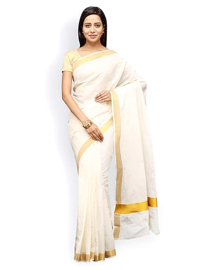 Clubshoppee Women's Kerala cotton traditional with blouse kasavu border design saree