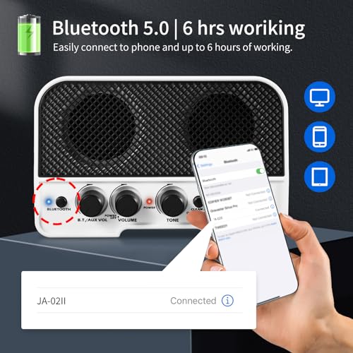 JOYO Mini Amplificador de Guitarra 5W Amplificador para Guitarra Eléctrica Pequeño Amplificador de Guitarra con Bluetooth, Canales Limpios y Sobretransmisión, Recargable, Portátil (JA-02 II Negro)